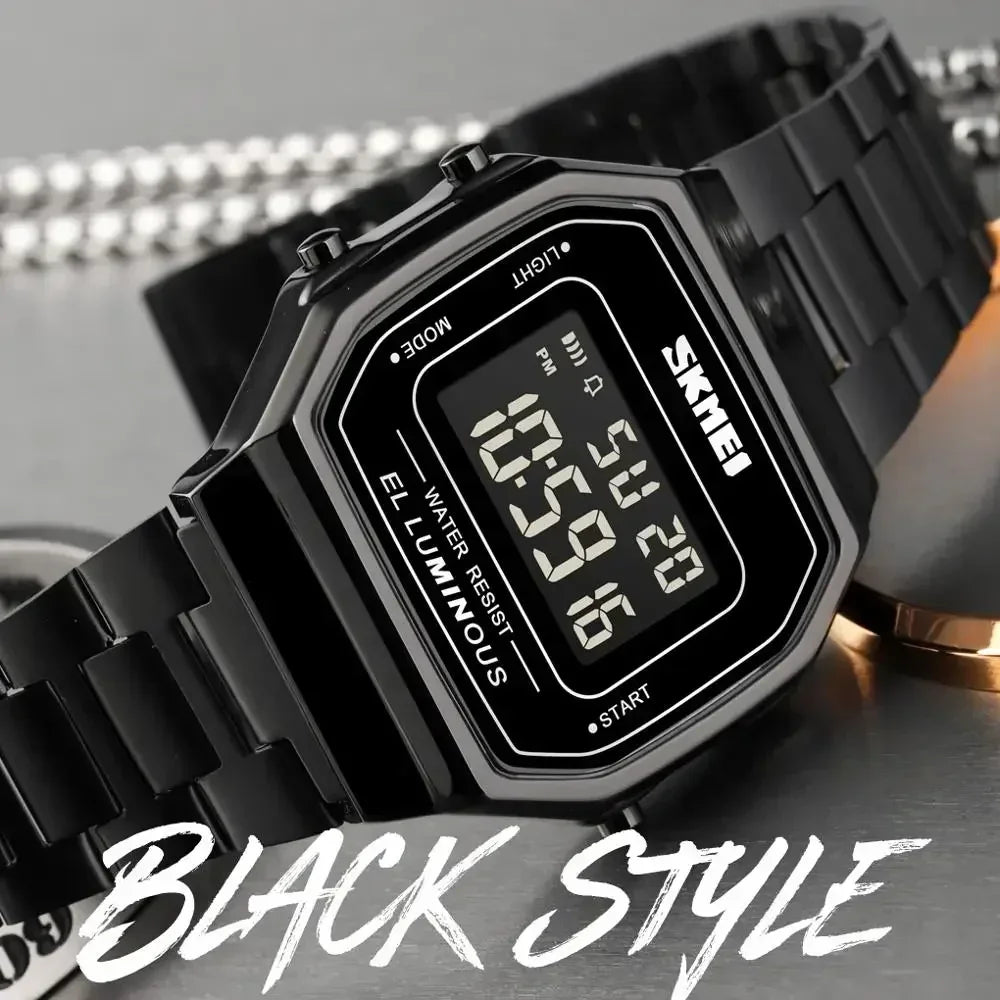 Retro LED Digital Watch – Stainless Steel Wristwatch for Men