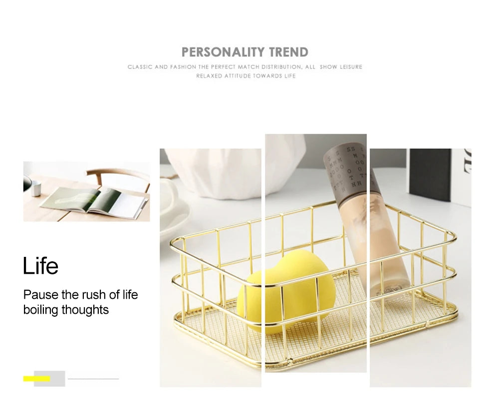 Gold Iron Storage Basket – Geometric Desktop Organizer for Makeup Brushes