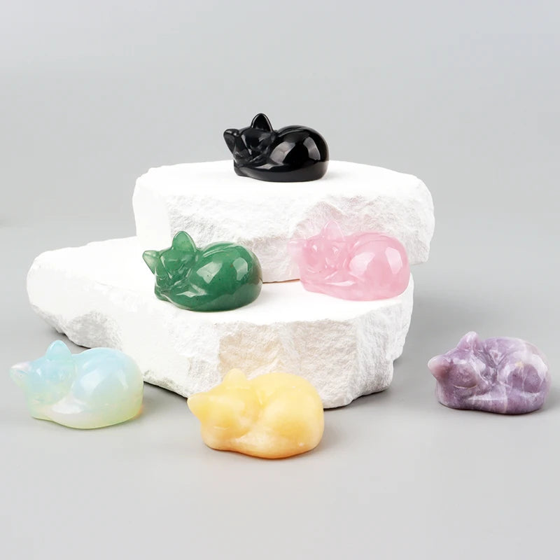 Carved Crystal Cat Figurine – Natural Stone Animal Statue for Home Decor