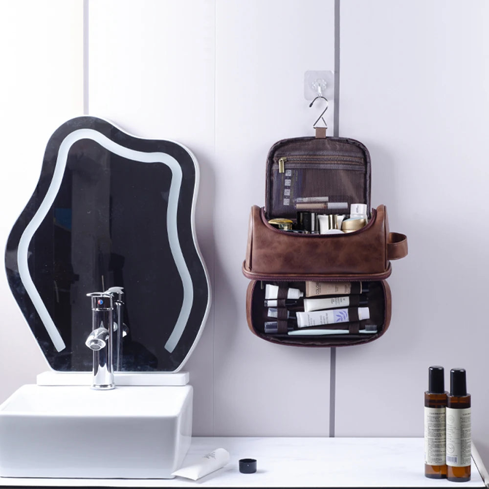 Large Hanging Leather Toiletry Bag – Cosmetic Organizer for Travel