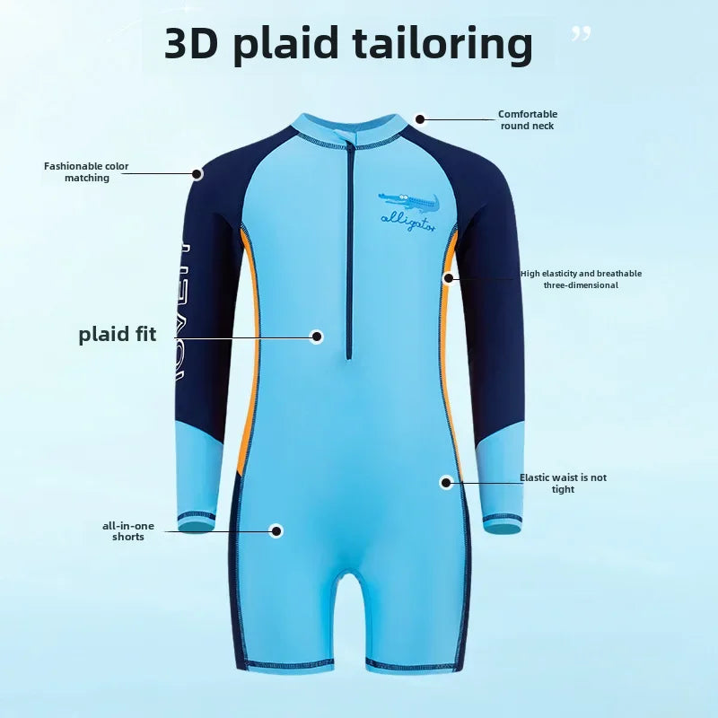Boys Long Sleeve Swimsuit – UV Protection One-Piece for Summer Swimming