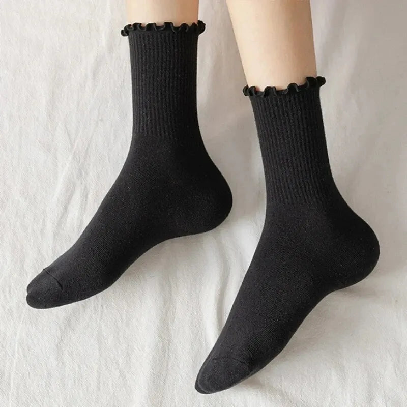 Ruffled Mid-Tube Socks – Breathable Cotton Casual Wear for Women