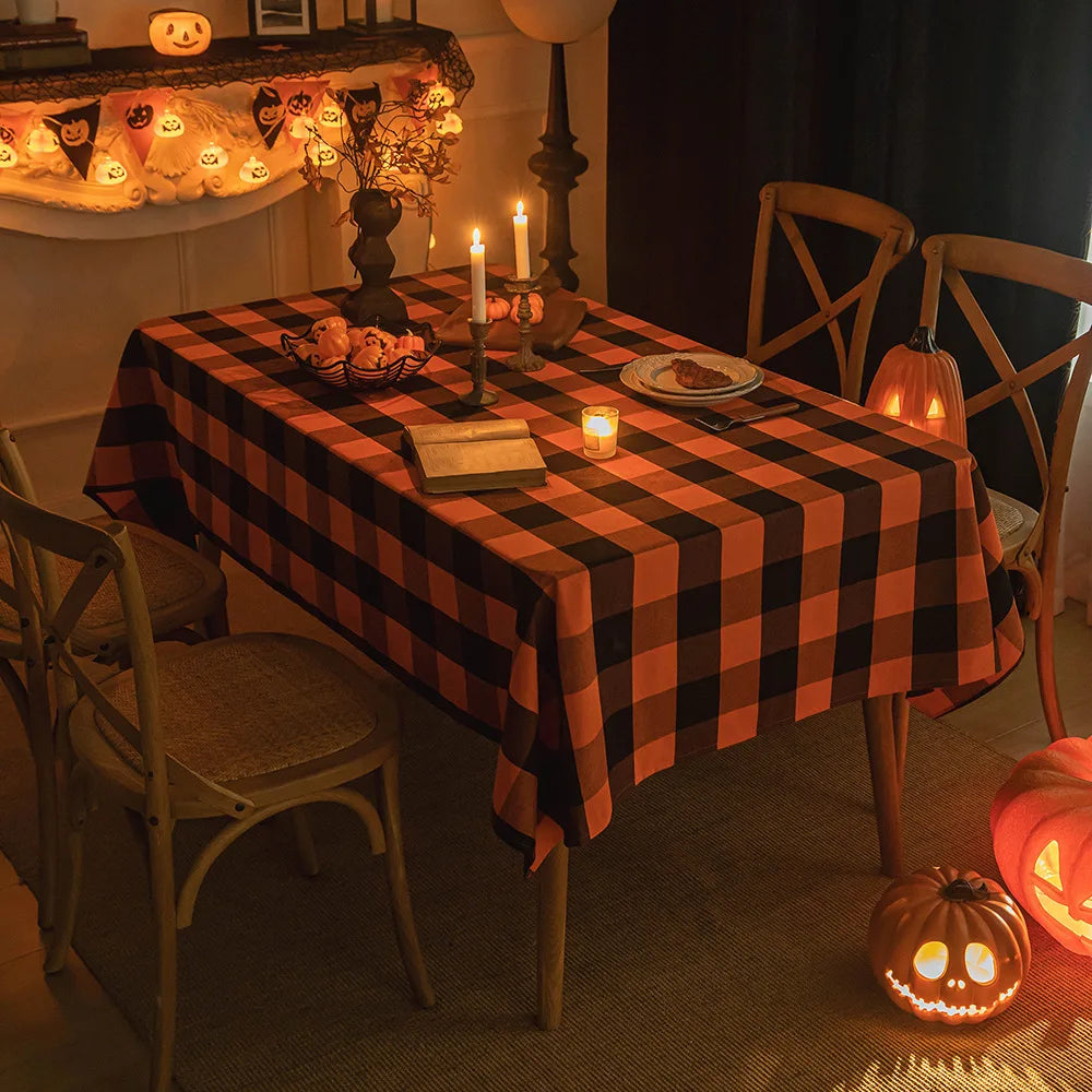 Orange Black Checkered Polyester Tablecloth – Festive Halloween Dining Decor