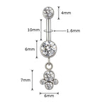 Crystal belly button ring with silver setting, paw-shaped dangle charm, and size measurements