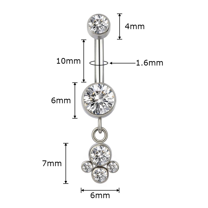 Crystal belly button ring with silver setting, paw-shaped dangle charm, and size measurements