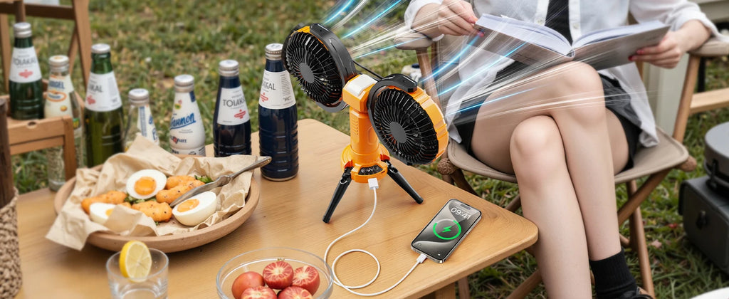 Portable Camping Fan – Dual Head Battery Powered Air Cooler for Outdoor Tents