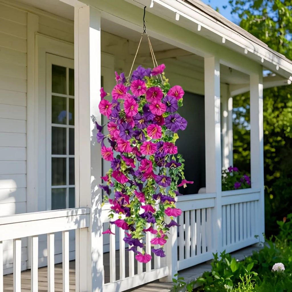 Artificial Morning Glory and Eucalyptus Vine – UV-Resistant Home Wall Decor