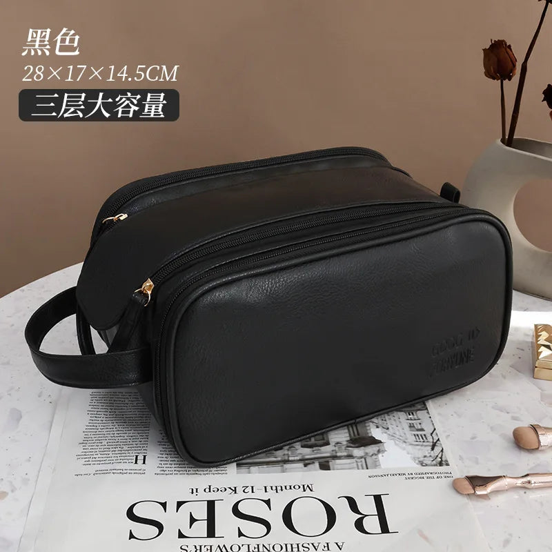 Large PU Leather Makeup Bag – Double Zipper Organizer for Travel Toiletries