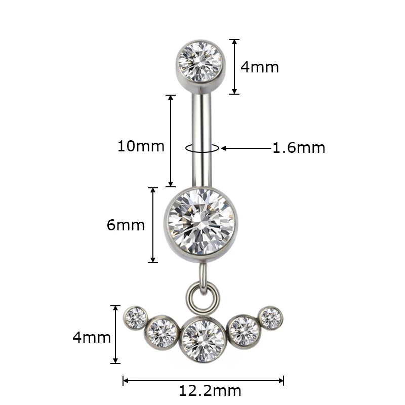 Crystal belly button ring with clear gems and size measurements, stainless steel body jewelry