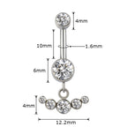 Crystal belly button ring with clear gems and size measurements, stainless steel body jewelry