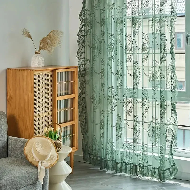 Floral Ruffled Tulle Curtain – Sheer Jacquard Lace Drapes for Living Room