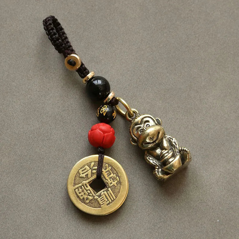 Brass Monkey Key Ring – Feng Shui Lucky Coin Charm for Car Keychain Decor