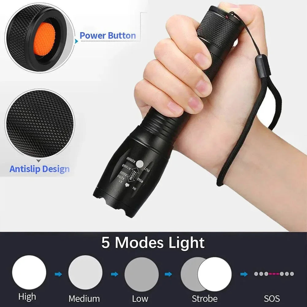 T6 LED Zoomable Flashlight – Waterproof Aluminum Torch for Camping
