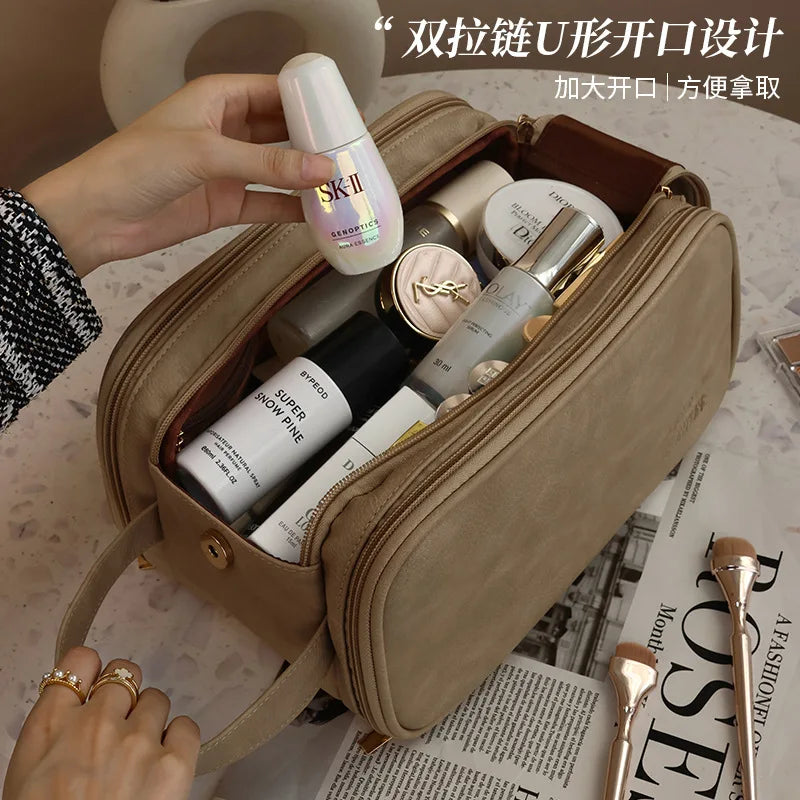 Large PU Leather Makeup Bag – Double Zipper Organizer for Travel Toiletries
