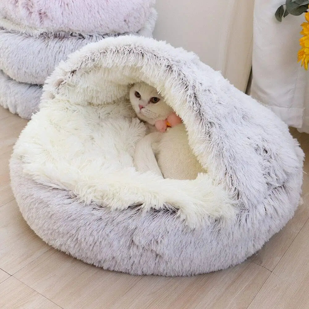 Plush Round Pet Bed – Warm 2-in-1 Cave Mattress for Small Cats and Dogs
