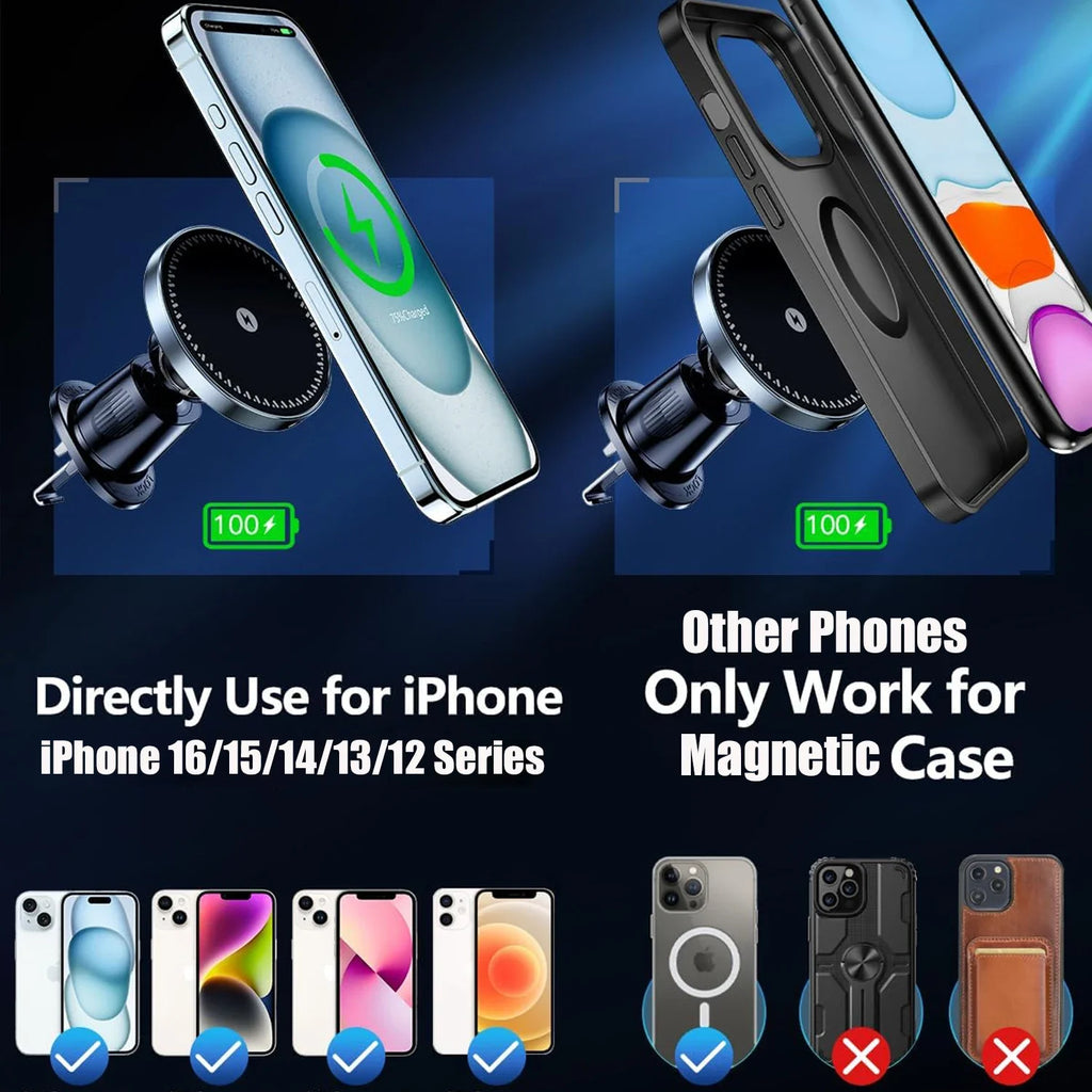 Magnetic Wireless Car Charger – 15W Air Vent Mount for iPhone 16 15 14 13 12