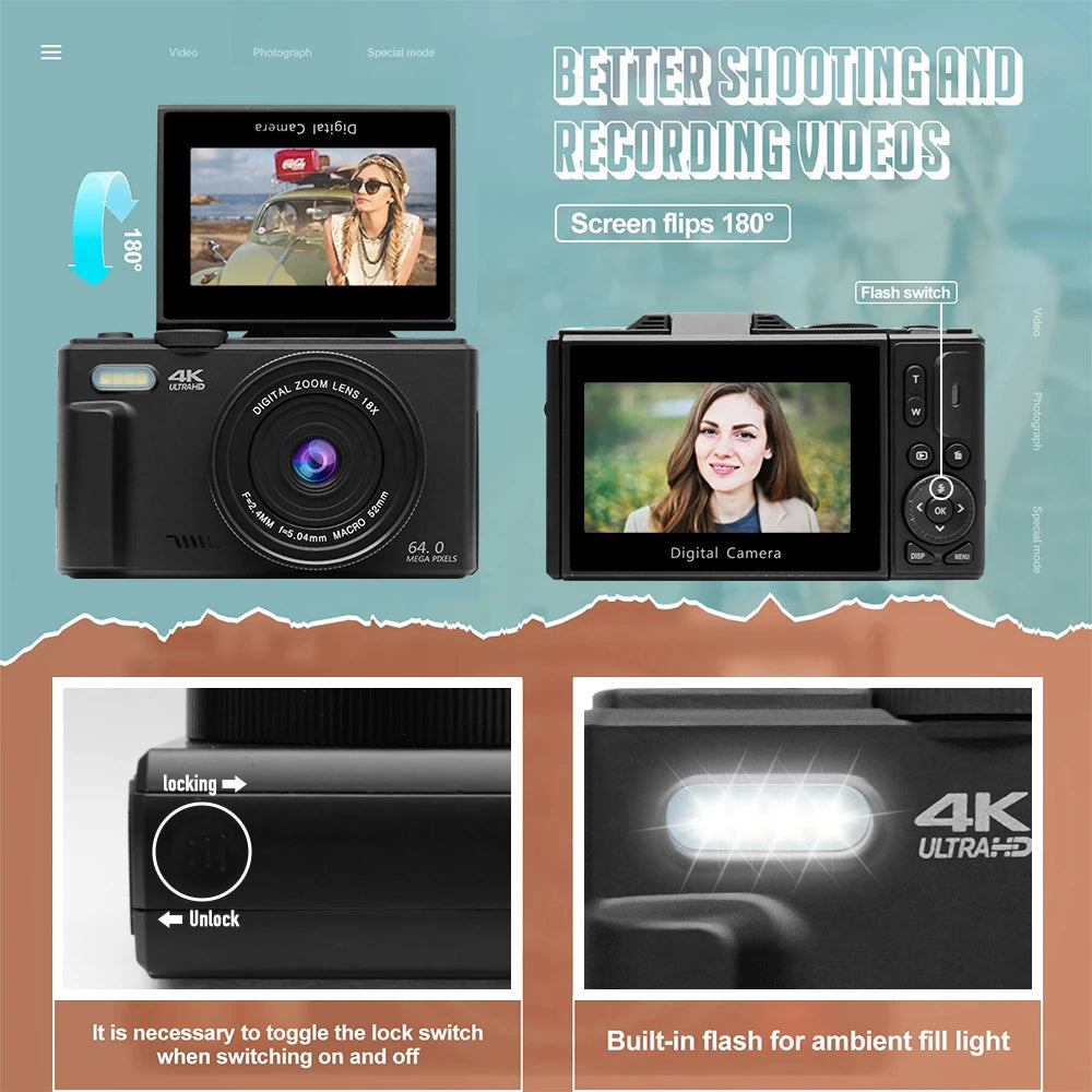 4K Digital Camera – 64MP Vlogging Compact with Flip Screen for Photography