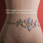 Holographic rhinestone belly dance belt with ornate design on mannequin waist