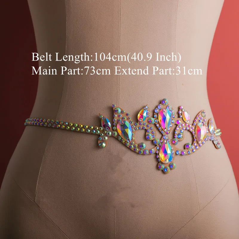 Holographic rhinestone belly dance belt with ornate design on mannequin waist