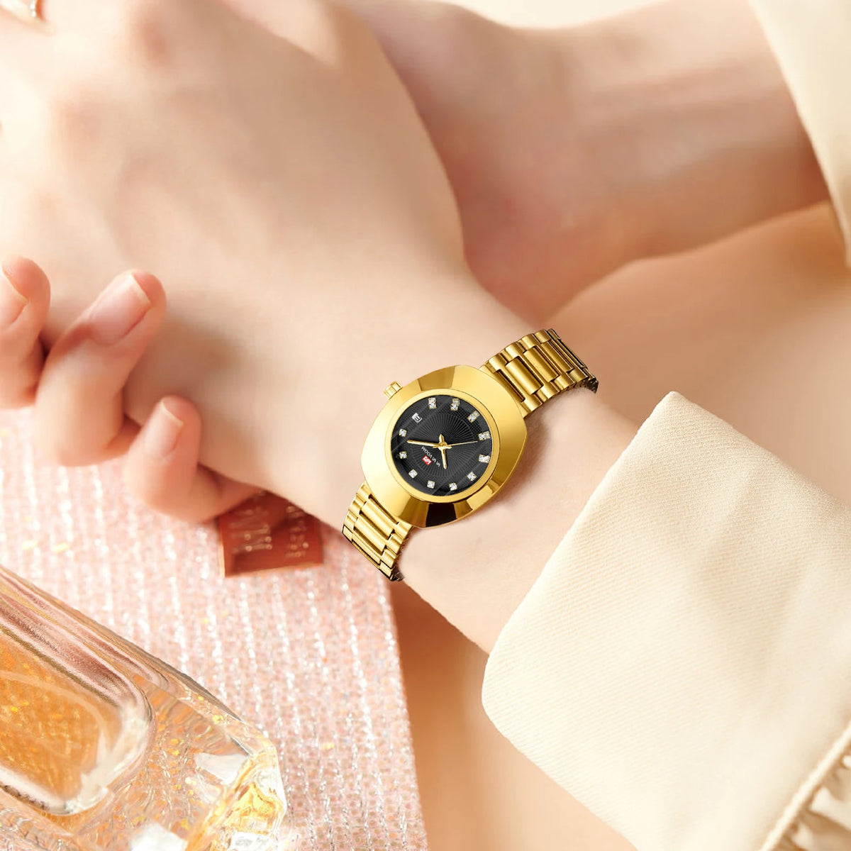 Oval Stainless Steel Women’s Watch – 34mm Gold Diamond Dress for Banquet