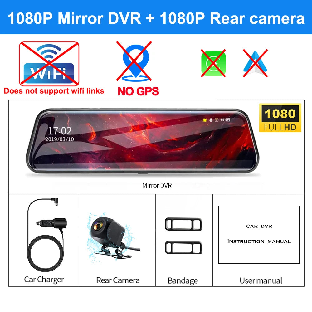 12-Inch 4K Mirror Dash Cam – Wireless CarPlay Android Auto for Car Navigation