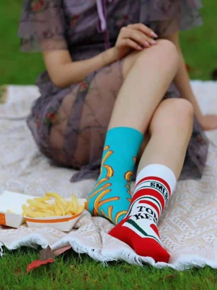 Printed Food Novelty Socks – Ketchup and Fry Mid-Calf Crew for Cosplay