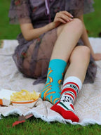 Printed Food Novelty Socks – Ketchup and Fry Mid-Calf Crew for Cosplay