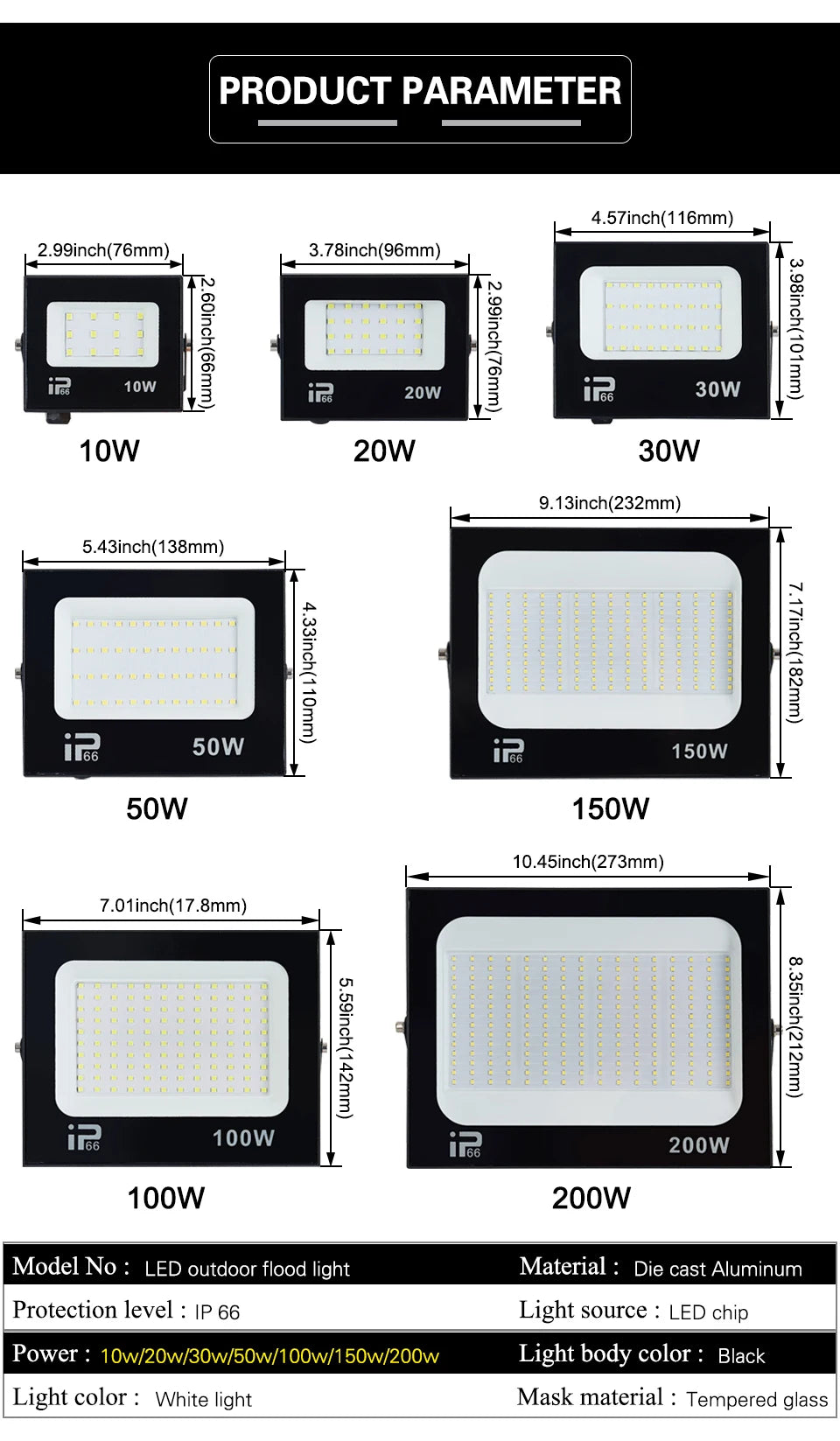 LED Flood Light – IP66 Waterproof Spotlight for Outdoor Garage and Street