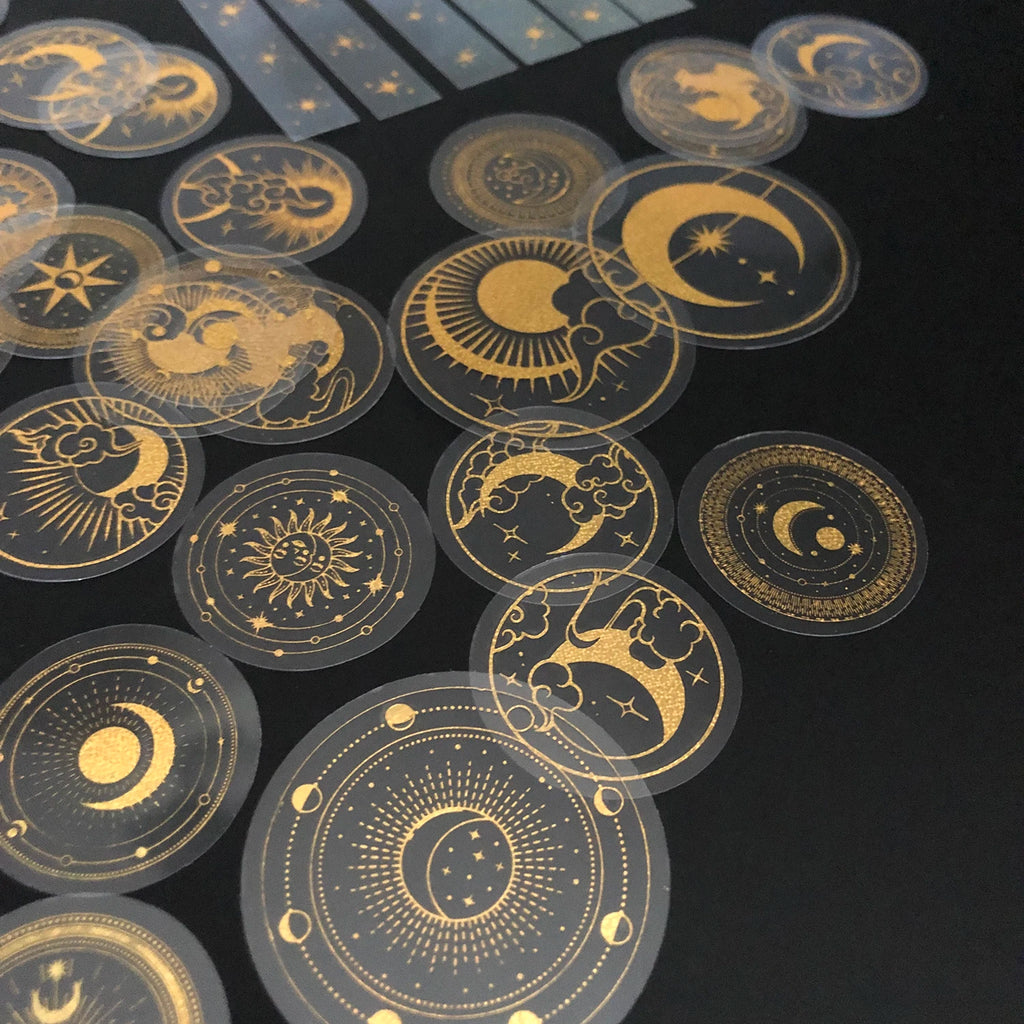 Glitter Gold PET Adhesive Stickers – Celestial Stars and Moon for Journaling