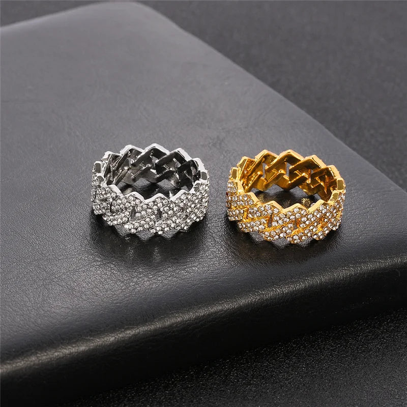 Iced Out Cuban Link Ring – Gold Plated CZ Band for Hip Hop Fashion