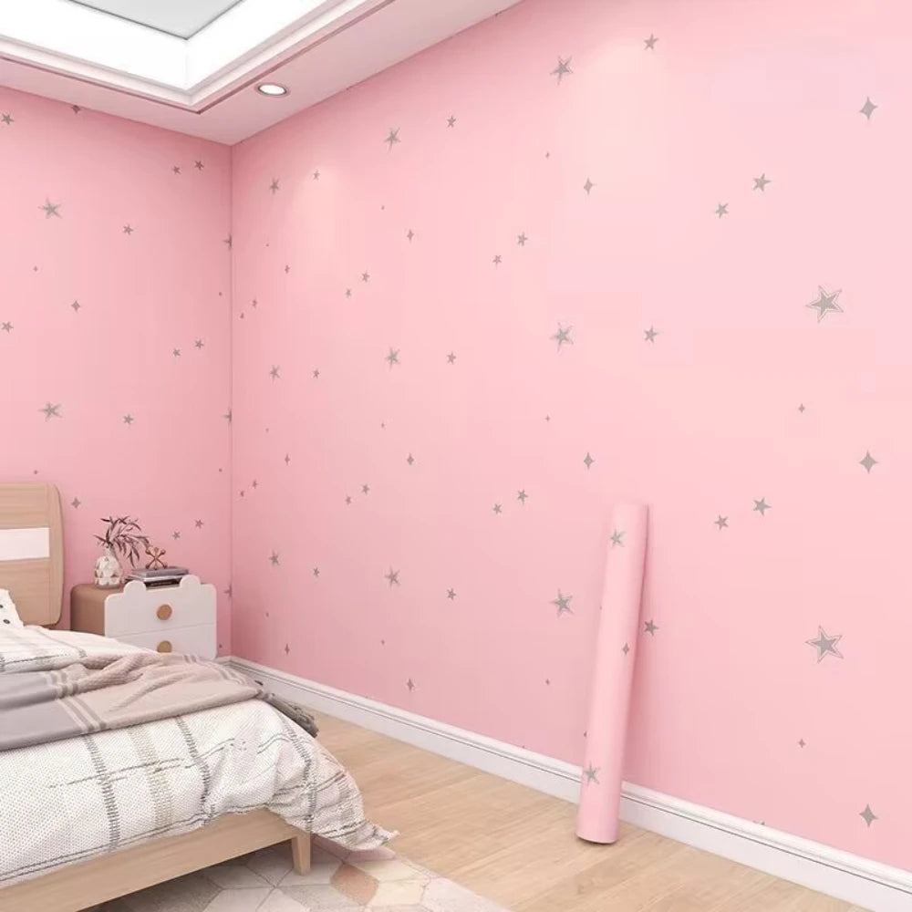 Pink Star Pattern PVC Wallpaper – Self-Adhesive Wall Decor for Kids Bedroom