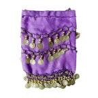 Purple belly dance hip scarf with gold coin accents and sequin details
