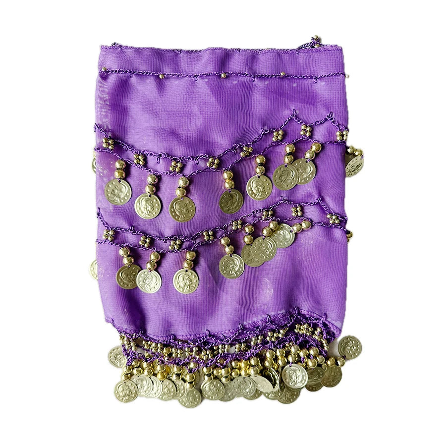 Purple belly dance hip scarf with gold coin accents and sequin details