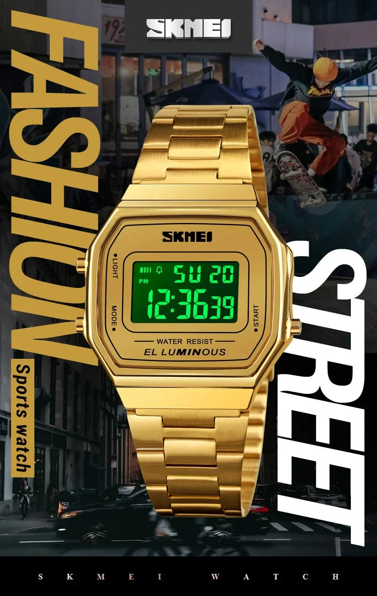 Retro LED Digital Watch – Stainless Steel Wristwatch for Men