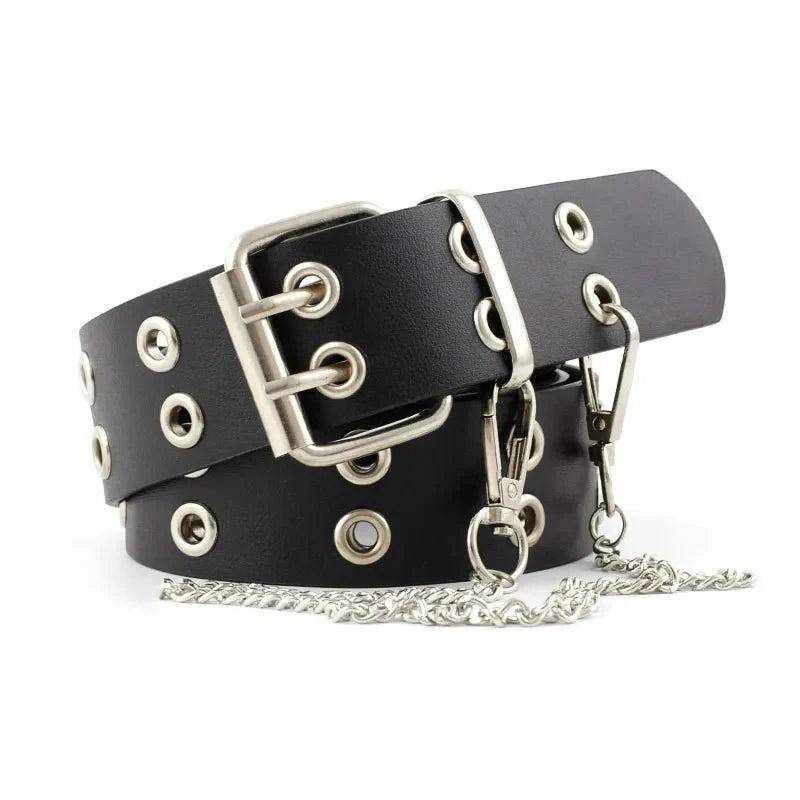 Double Hole Leather Belt – Large Size Y2K Punk Waistband for Men and Women
