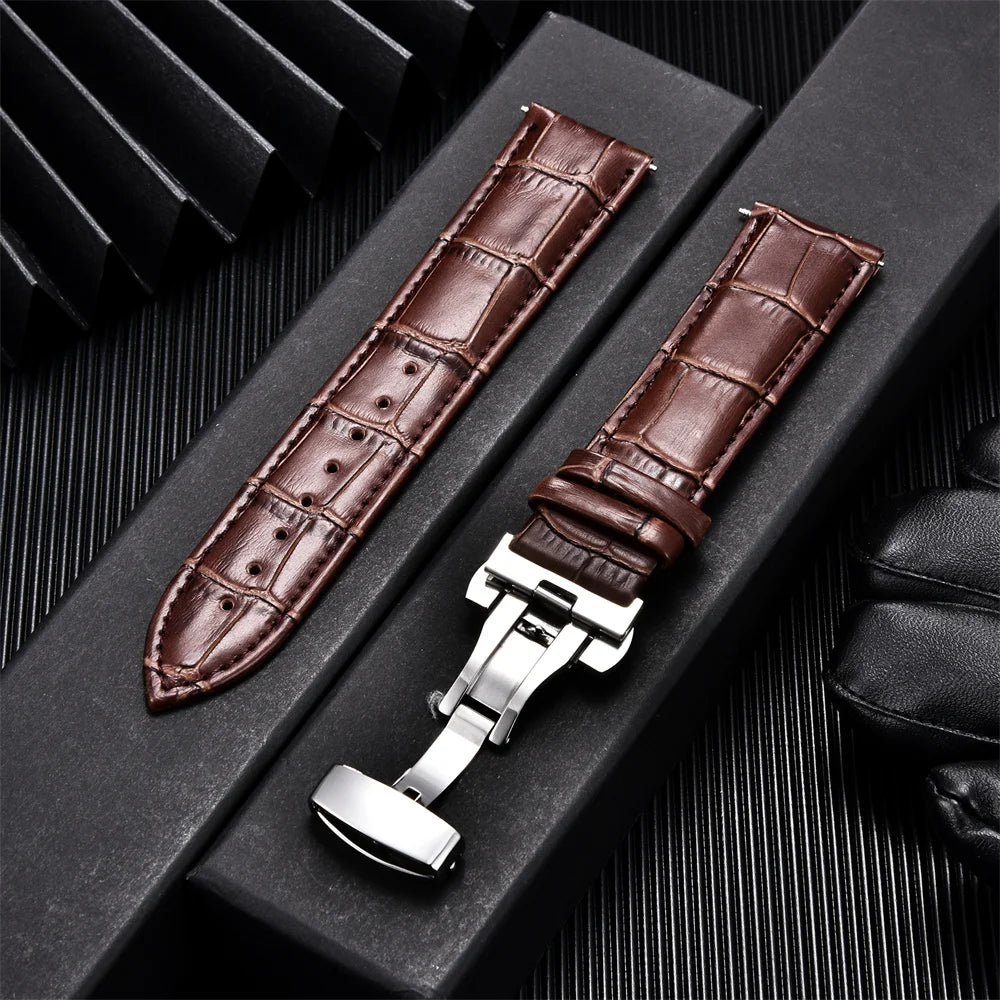 Genuine Calfskin Leather Watch Strap – Butterfly Buckle for Business