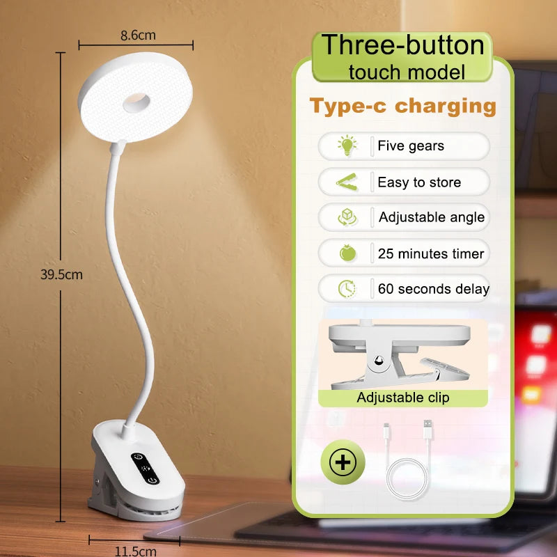 Clip-On LED Desk Lamp – Dimmable Eye-Protection Light for Reading and Study