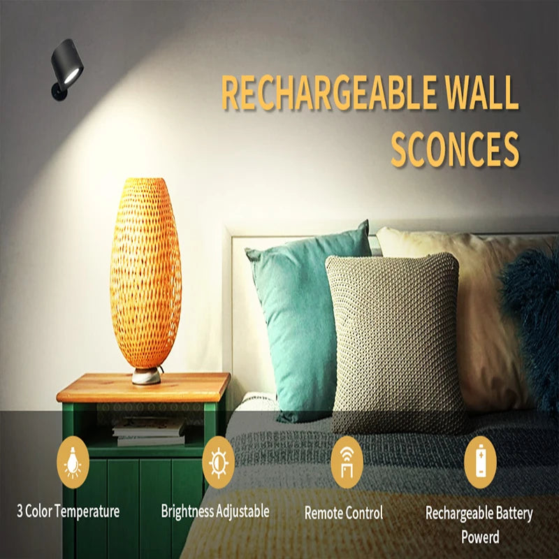 Wireless Double Head LED Wall Lamp – 360 Rotating Night Light for Bedroom Reading