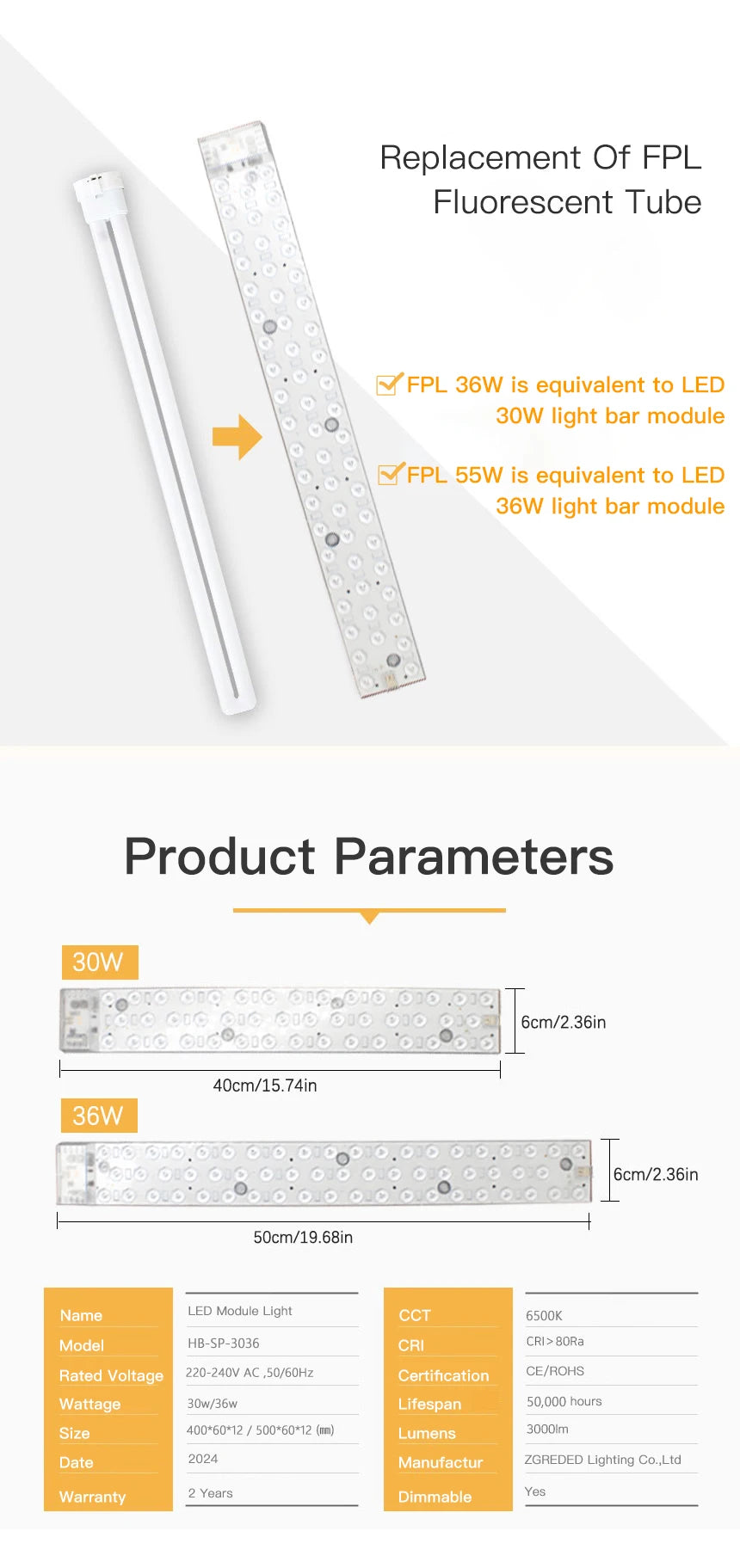 LED Ceiling Light Replacement Bar – 30W-36W Panel for Home Lighting