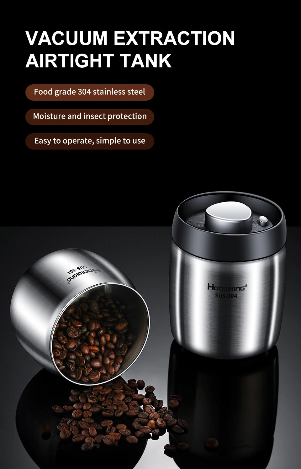 Stainless Steel Coffee Canister – Airtight Vacuum Seal for Fresh Food Storage
