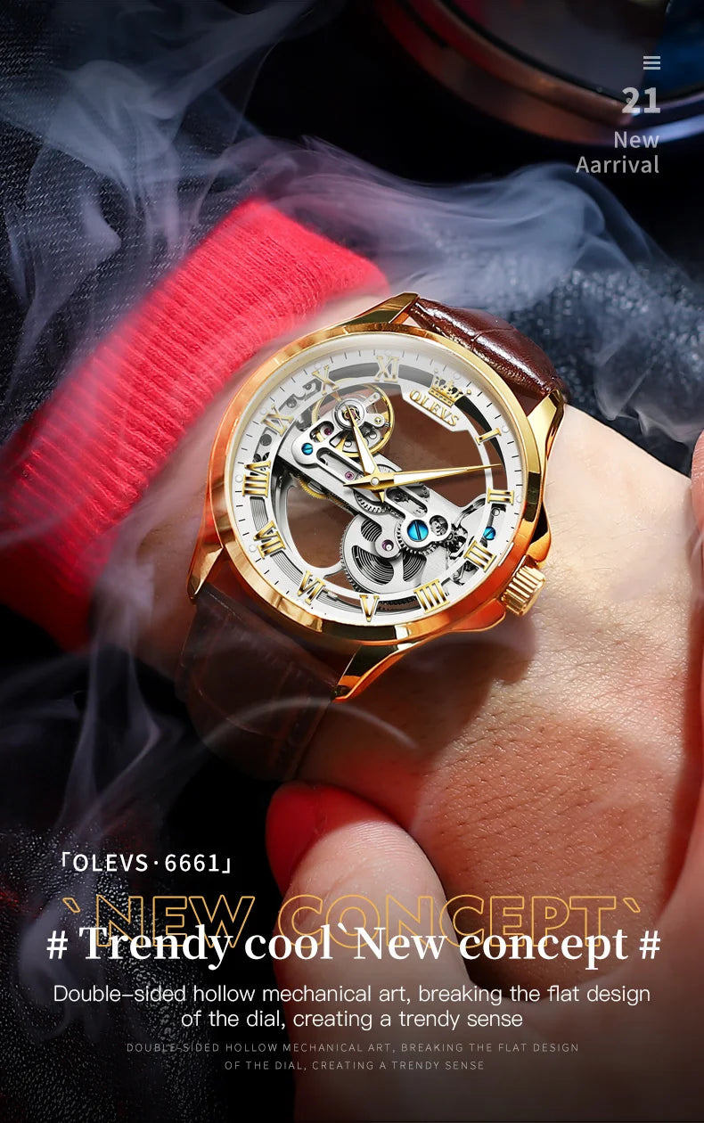 Automatic Skeleton Mechanical Watch – Leather Strap for Luxury Mens Formal Wear