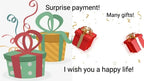 Colorful gift boxes with bows, festive ribbons, and cheerful wishes for gifts and happiness.