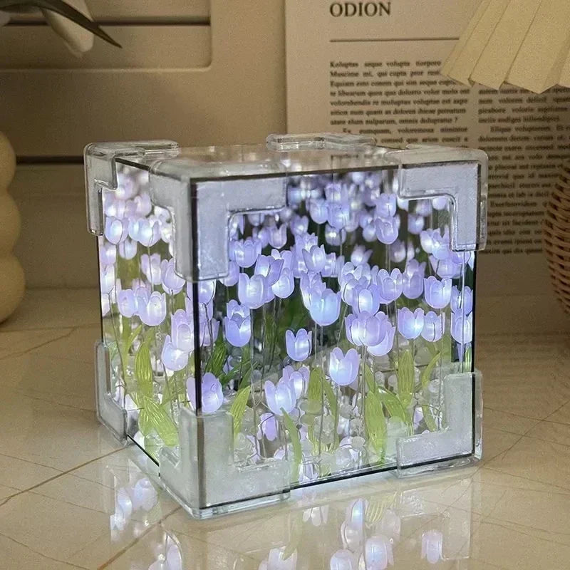 DIY Tulip Flower Sea Cube Night Lamp – Handmade Creative Gift for Girlfriend