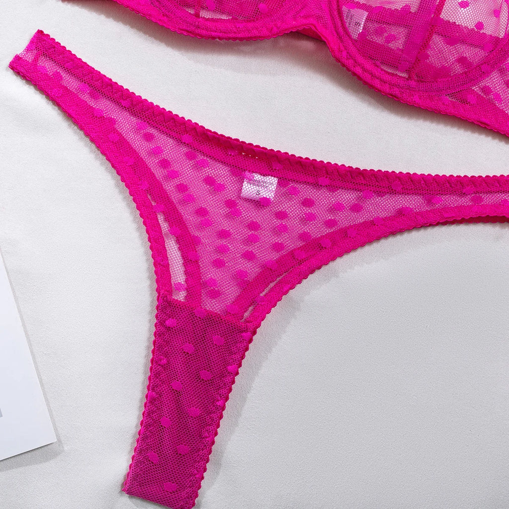 Polka Dot Mesh Lingerie Set – Sheer Underwire Bra and G-String for Women