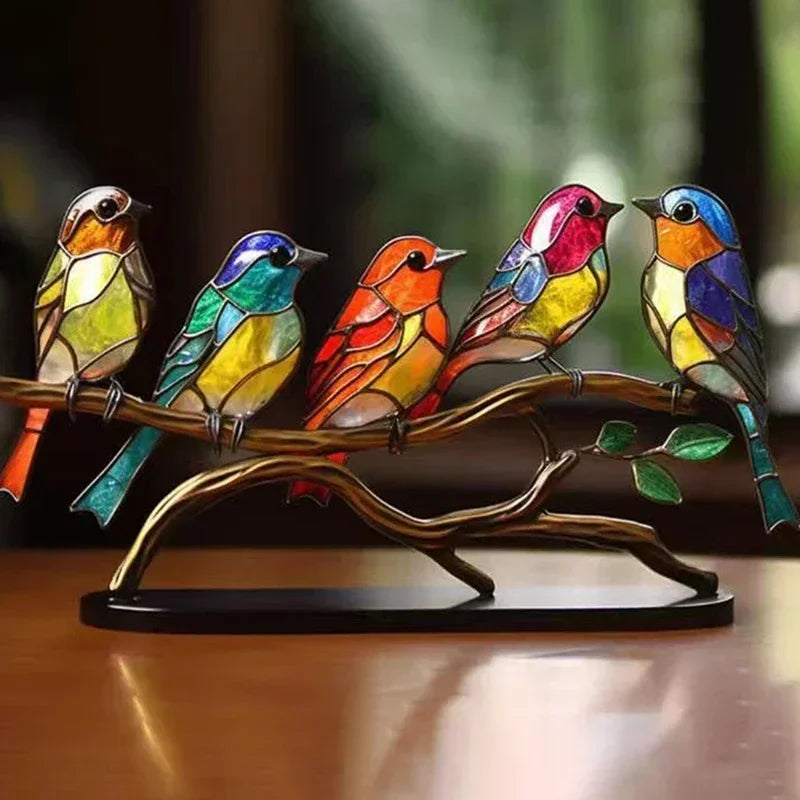 Stained Acrylic Bird Statue – Colorful 2D Branch Ornament for Home Decor