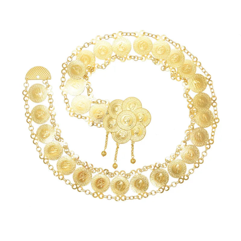 Gold coin chain belt with ornate medallion design, decorative fashion accessory on white background