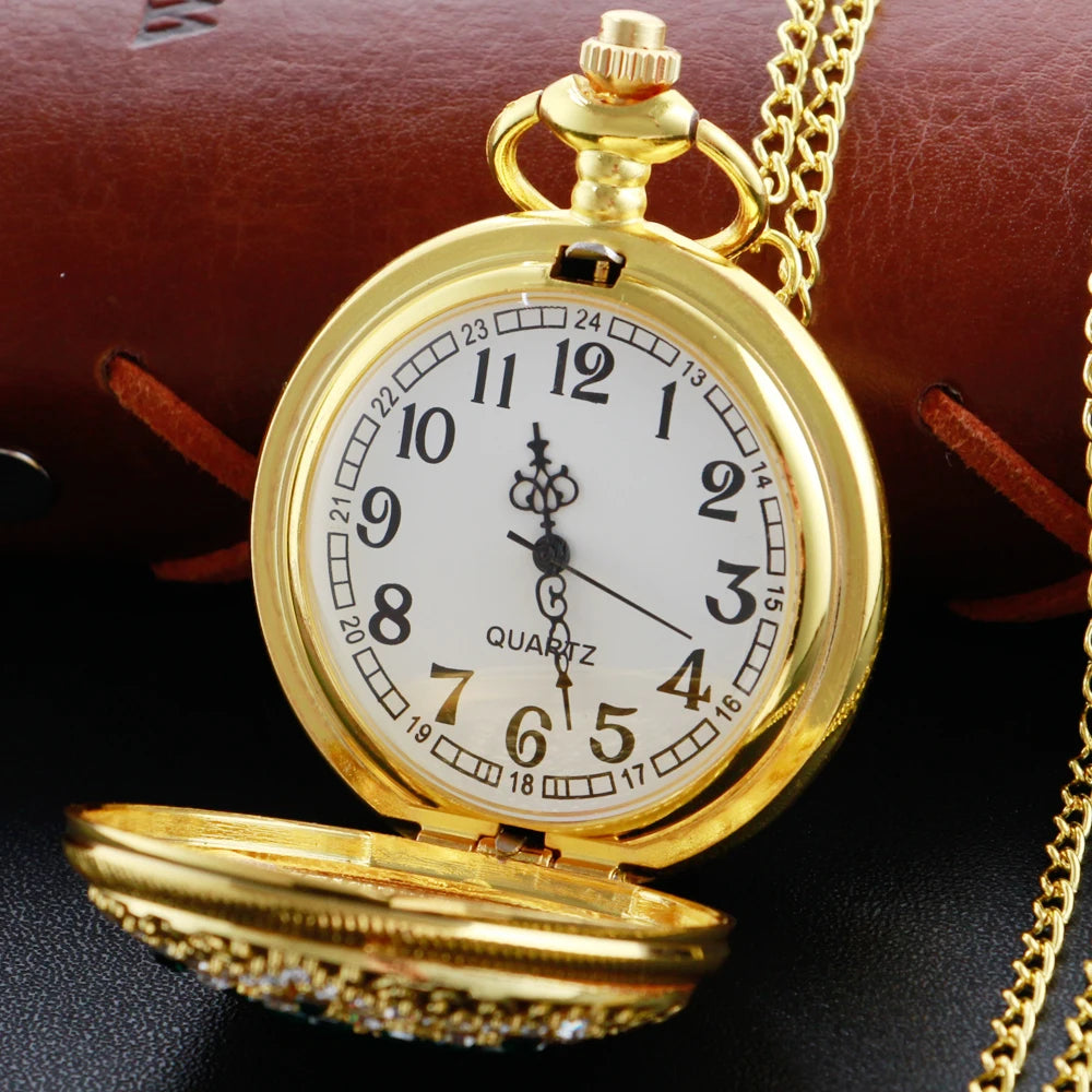 Emerald Diamond Pocket Watch Necklace – Luxury Gold Pendant for Gift