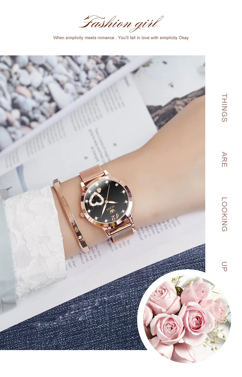 Quartz Women's Watch – Milanese Mesh Band with Diamond Accents for Daily Wear