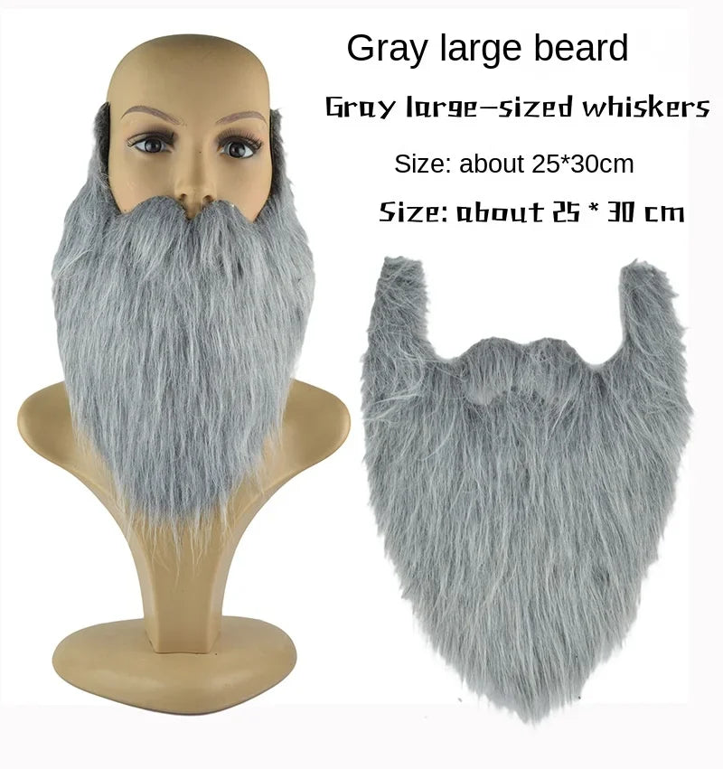 Large gray fake beard displayed on mannequin and shown separately, costume accessory, 25x30cm.