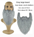Large gray fake beard displayed on mannequin and shown separately, costume accessory, 25x30cm.